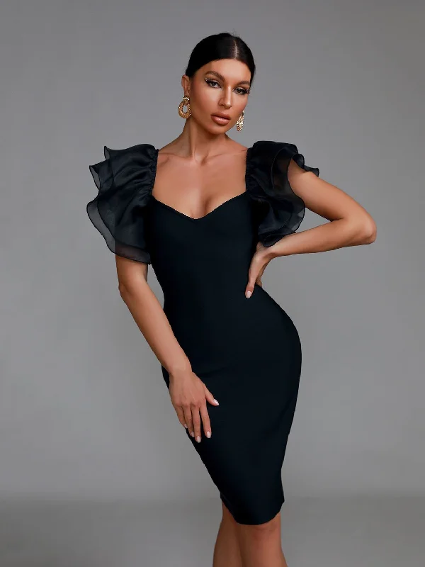 Black Women Chffion Embellished Puff Sleeve Midi Dress