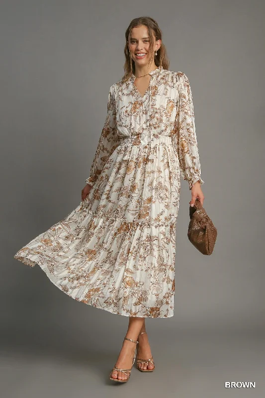 Brown Floral Print Midi Dress