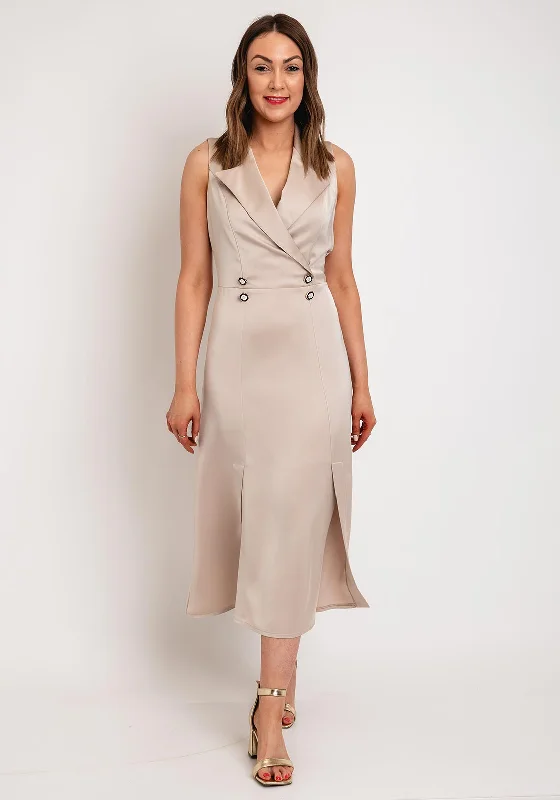 Camelot Double Breasted Satin Touch Midi Dress, Beige