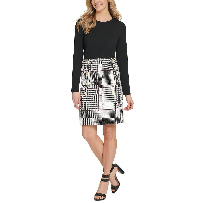 DKNY Womens Button-Trim Houndstooth Cocktail and Party Dress