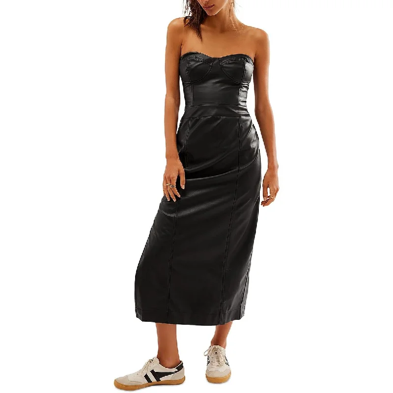 Free People Womens Mira Faux Leather Midi Cocktail And Party Dress