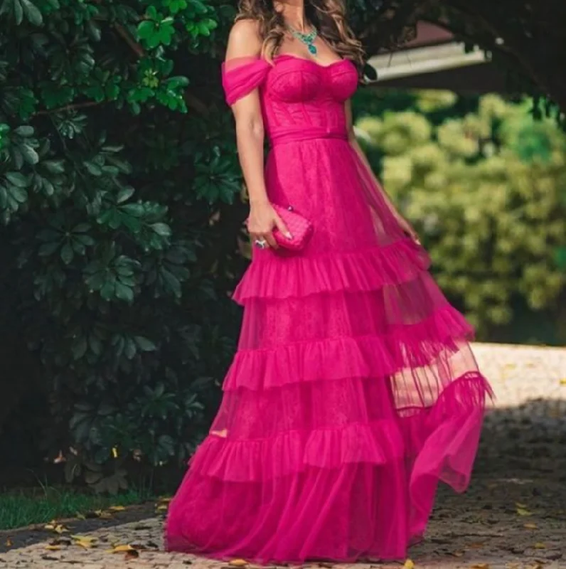 Fuchsia Tulle A-line Multilayer Prom Dress Off Shoulder Party Dress