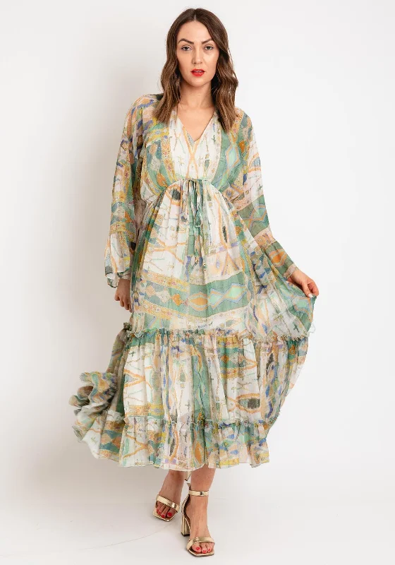 Goa Goa Kemper Tiered Midi Print Dress, Green