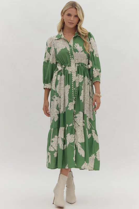 Green Floral Button Up Midi