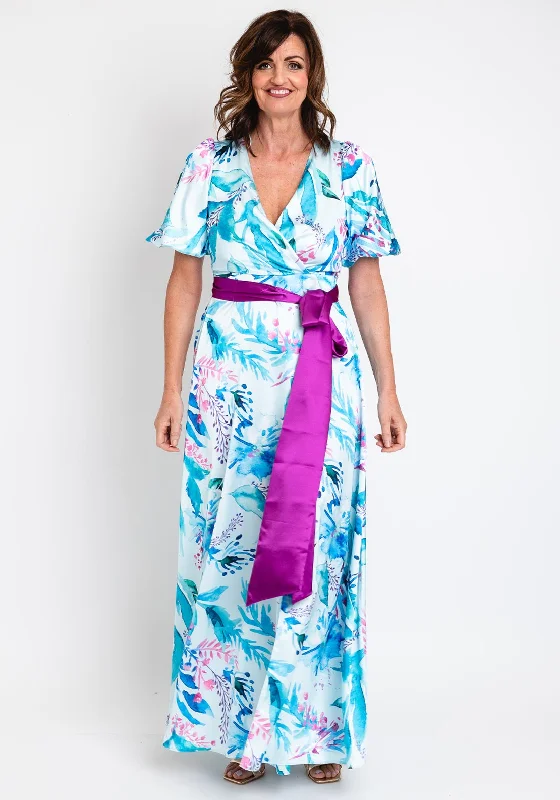 Herysa Nueve Floral Satin Maxi Dress, Aqua Multi