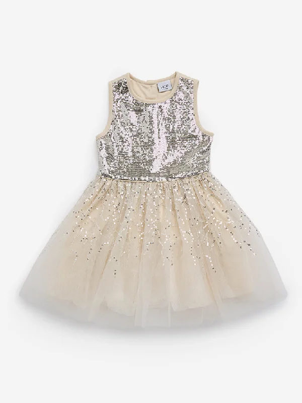 HOP Kids Beige Sequin Embellished Party Dress