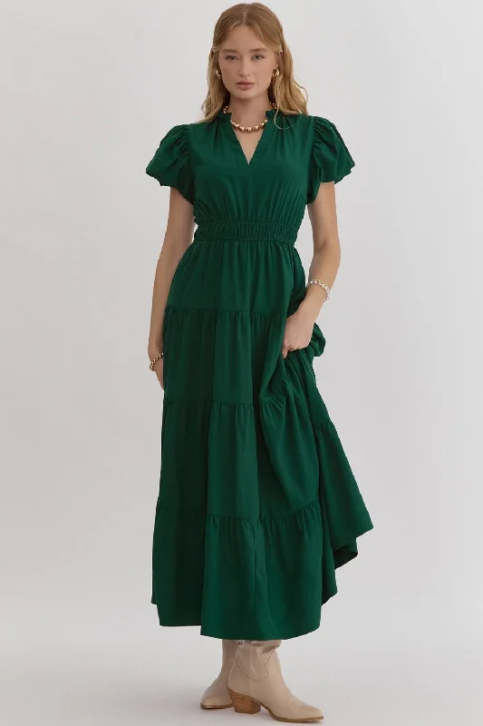 Hunter Green Ruffled Tiered Midi Dress