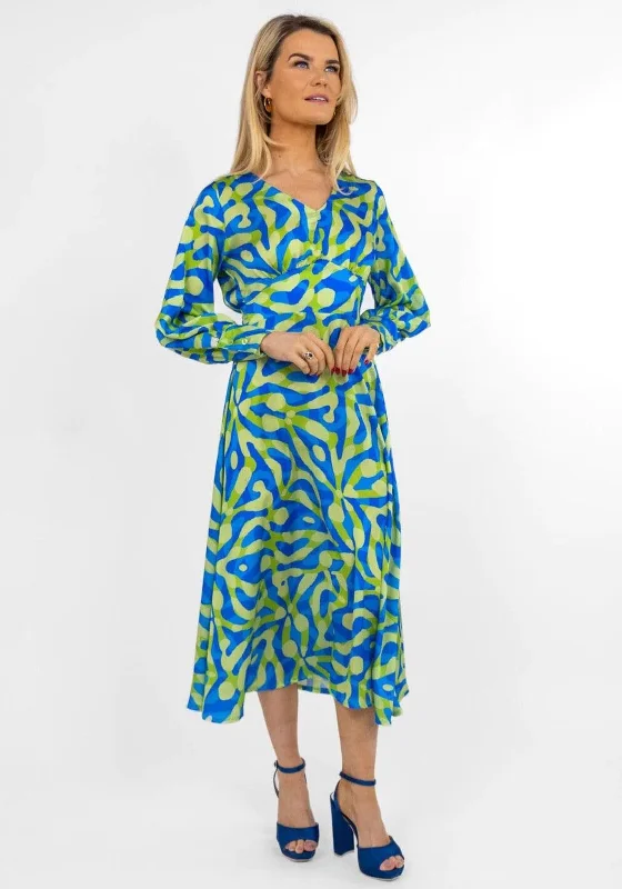 Kate & Pippa Birkin Satin Feel Print Midi Dress, Blue & Lime