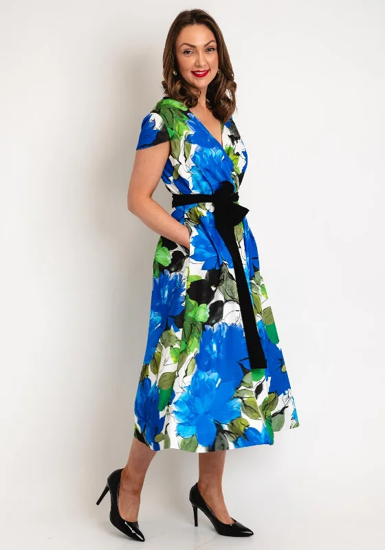 Kate Cooper Floral Print Wrap Midi Dress, Royal Blue