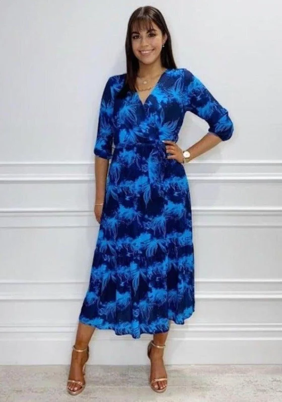 Kate & Pippa Boho Printed Midi Wrap Dress, Navy & Blue