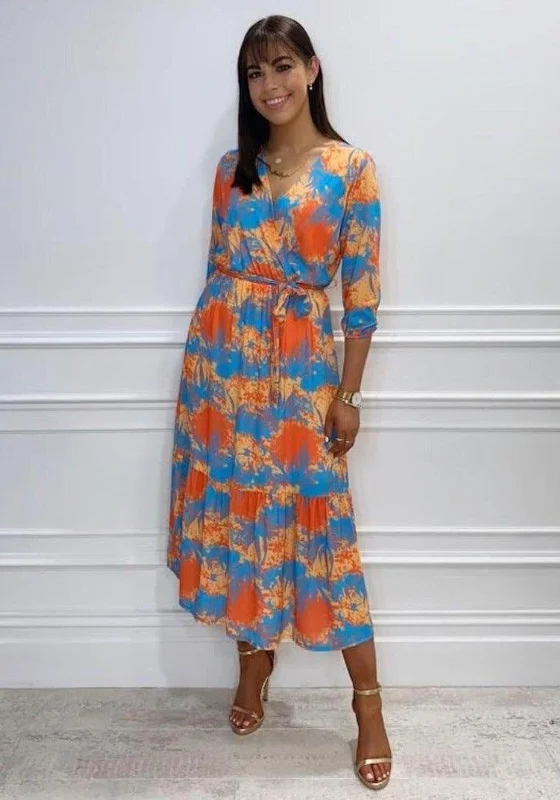 Kate & Pippa Boho Printed Midi Wrap Dress, Orange & Blue