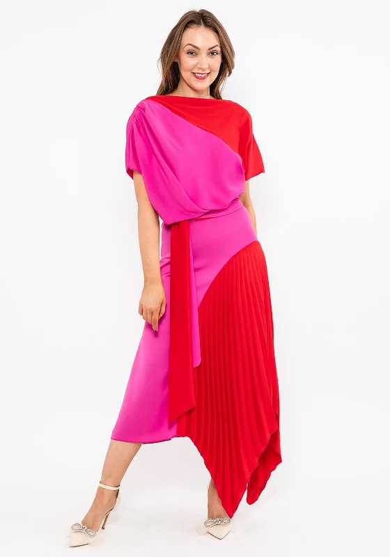 Kevan Jon Lucy Pleat Drape Maxi Dress, Fuchsia & Red