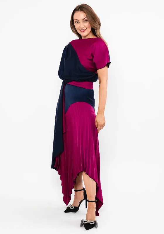 Kevan Jon Lucy Pleat Drape Maxi Dress, Navy & Mulberry