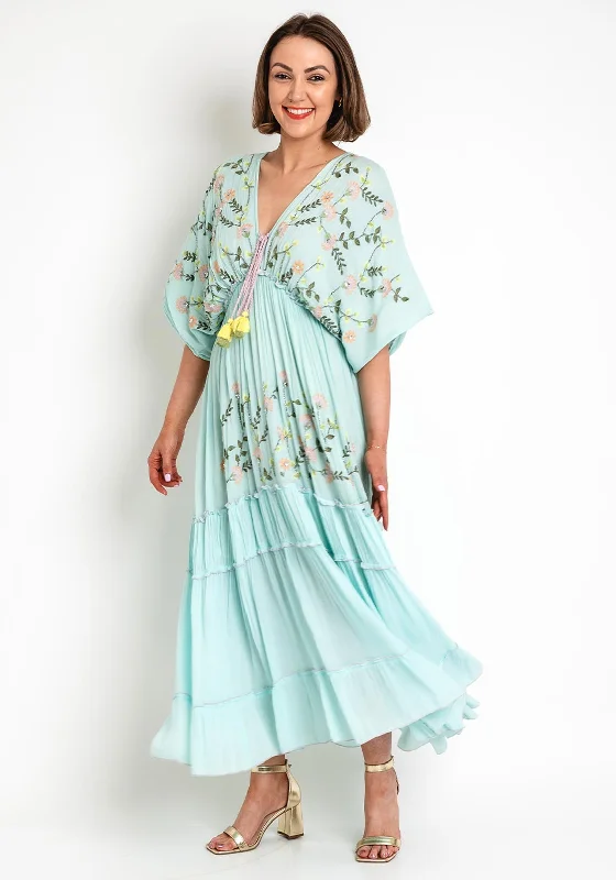 Seventy1 One Size Floral Embroidered Maxi Dress, Duck Egg