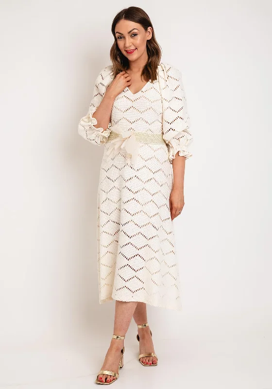 Laura Bernal V-Neck Cutout Pattern Midi Dress, Cream