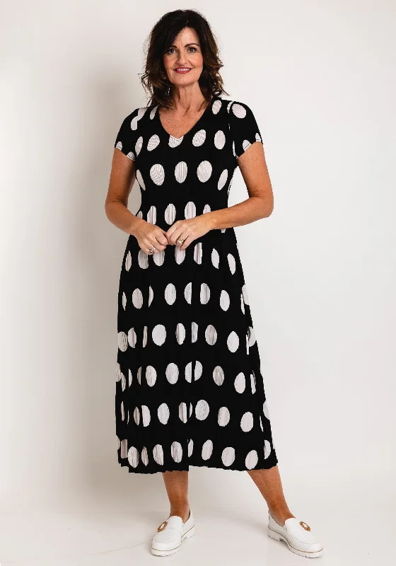 Leo & Ugo Polka Dot Pleated Midi Dress, Black & White