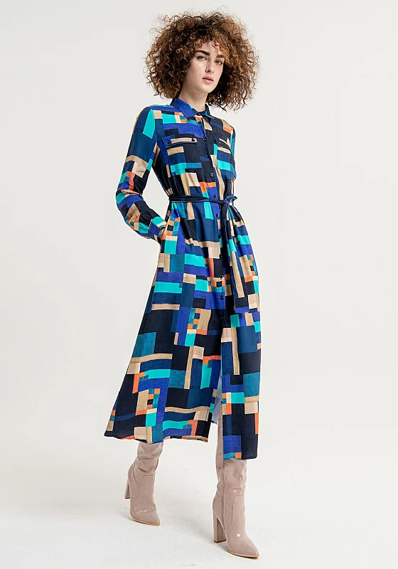 Surkana Abstract Print Shirt Maxi Dress, Blue