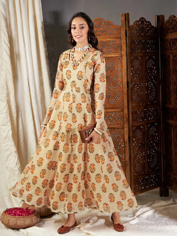 Lyush Women Beige Floral Anarkali Maxi Dress