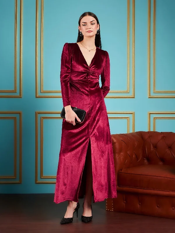 Lyush Women Maroon Velvet Front Twisted Maxi Dress