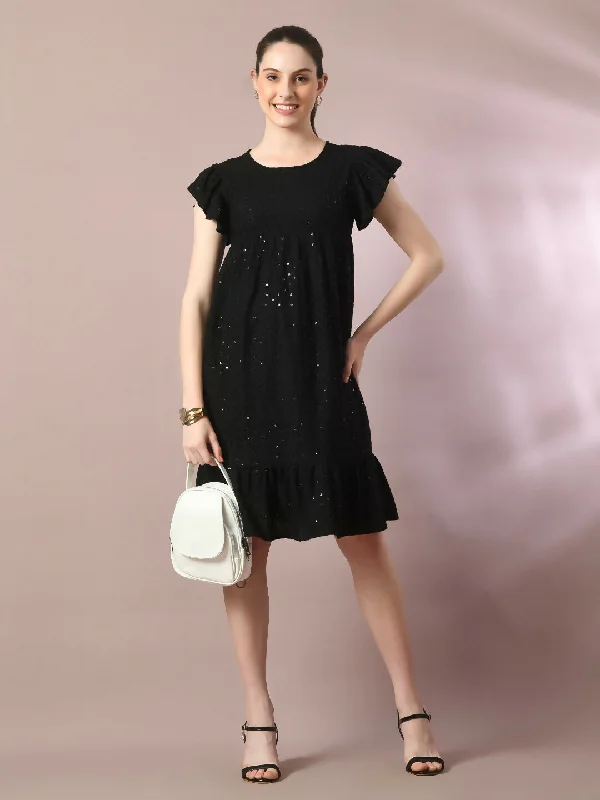 Myshka Women's Black Embroidered Cotton Round Neck A-Line Party Dress