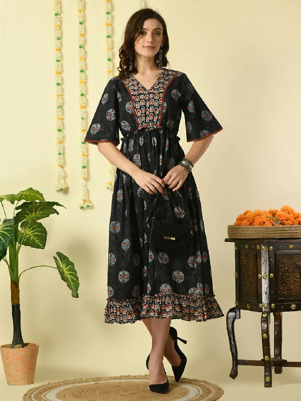 Myshka Women's Black Printed Cotton Party Dress