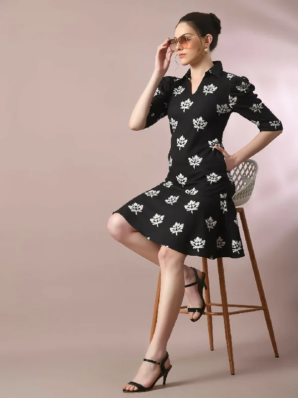 Myshka Women's Black Printed Shirt Collar Fit and Flare Party Dress