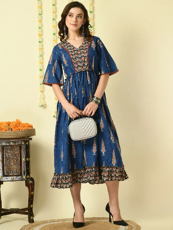 Myshka Women's Blue Printed Cotton Party Dress