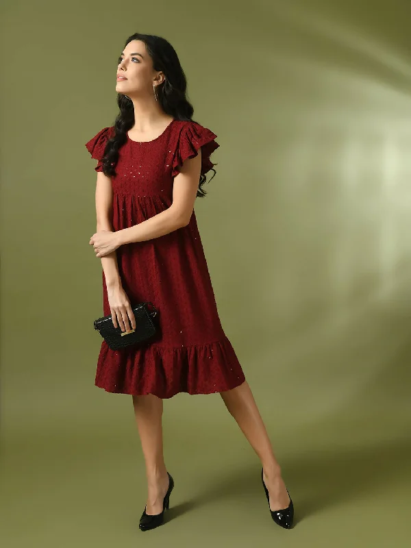 Myshka Women's Maroon Embroidered Cotton Round Neck A-Line Party Dress