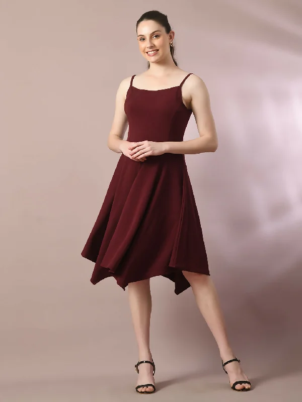 Myshka Women's Maroon Solid Shoulder Straps Fit and Flare Party Dress