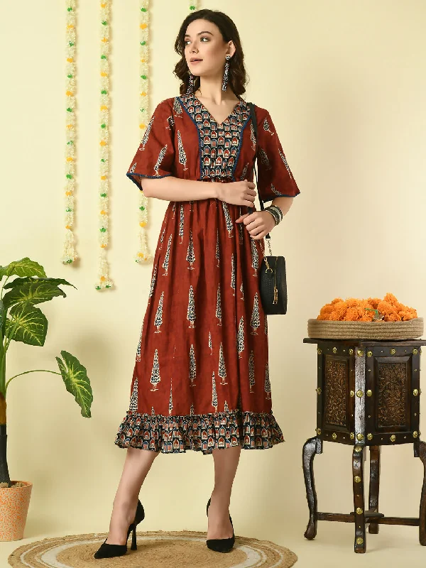 Myshka Women's Rust Printed Cotton Party Dress