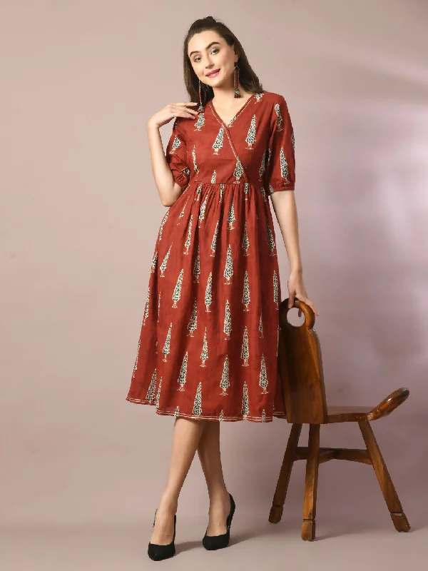 Myshka Women's Rust Printed Cotton V-Neck Empire Party Dress