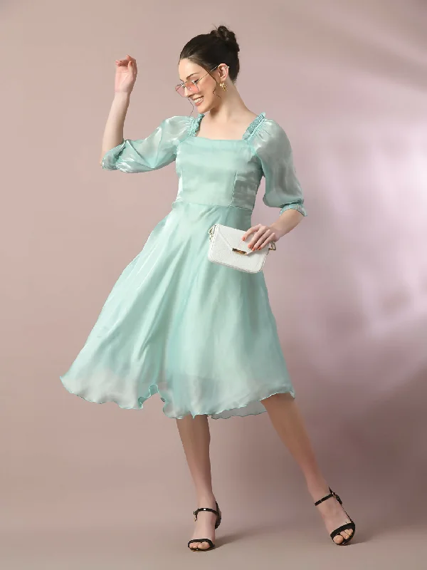 Myshka Women's Sea Green Solid Square Neck Fit and Flare Party Dress