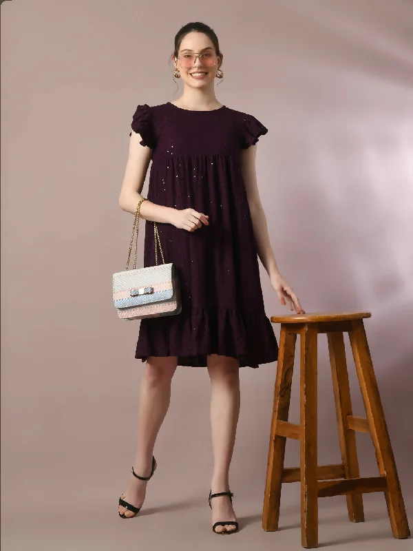 Myshka Women's Violet Embroidered Cotton Round Neck A-Line Party Dress