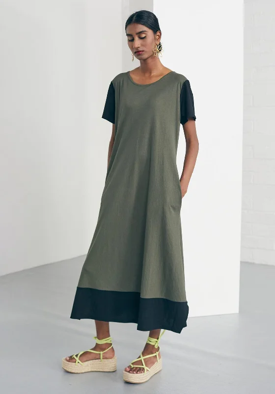 Naya Contrast Trim Smock Maxi Dress, Khaki & Black