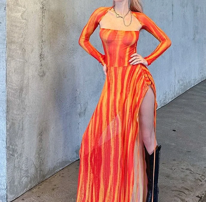 Orange Print Mesh Square Neck Irregular Slit Maxi Dress