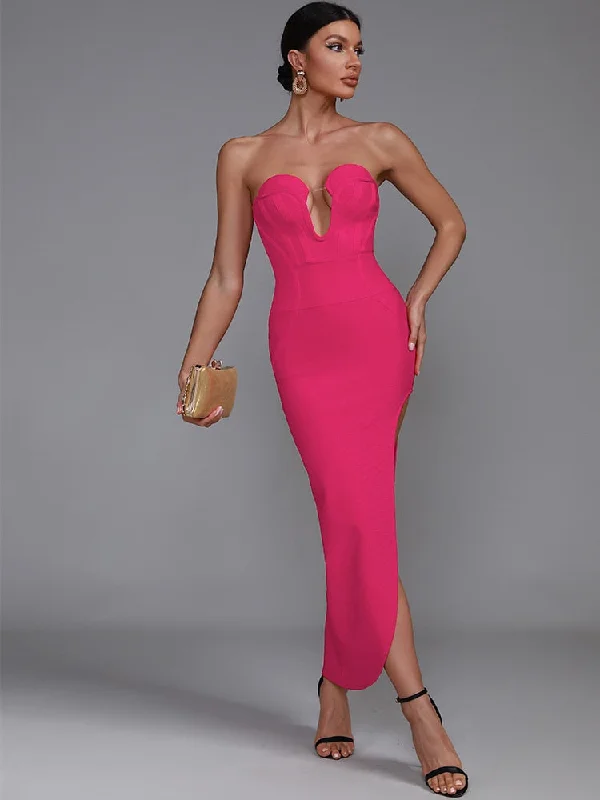 Pink Bandage Women Elegant Strapless Midi Dress