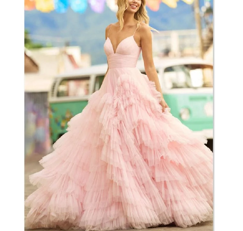 Pink Multilayer Prom Dress Tulle Sweep Train Party Dress