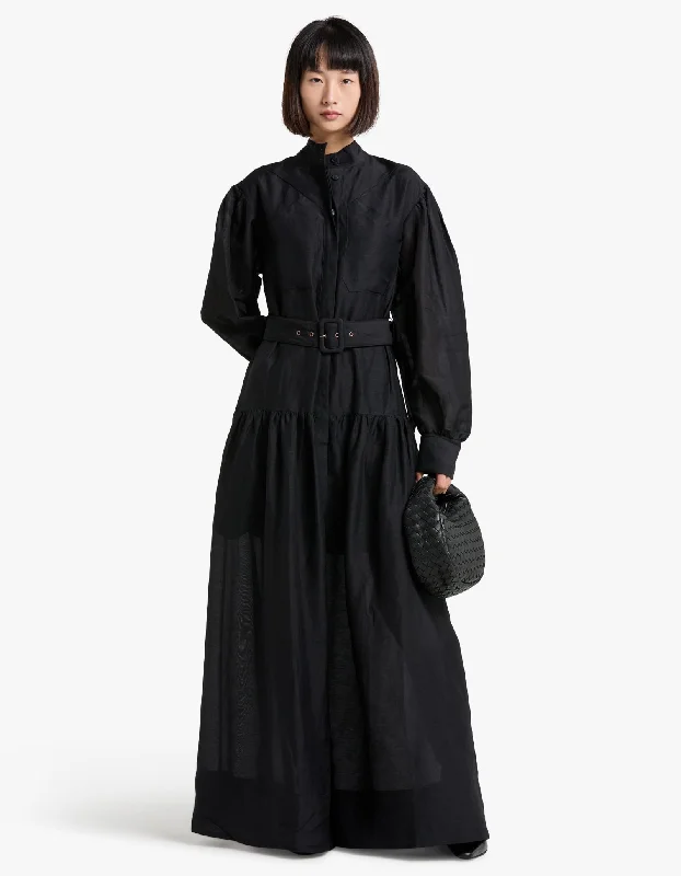 Celeste Long Sleeve Tiered Shirt Maxi Dress - Black