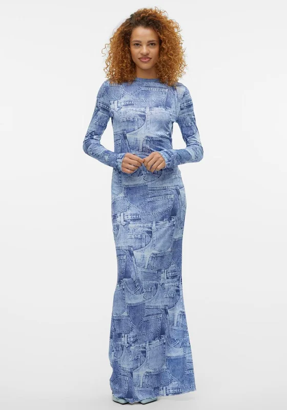 SOMETHINGNEW Denny Denim Print Mesh Maxi Dress, Blue