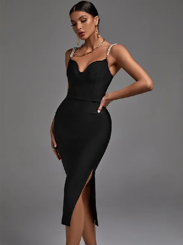 Spaghetti Strap Bandage Women's Black Beaded Midi Dress