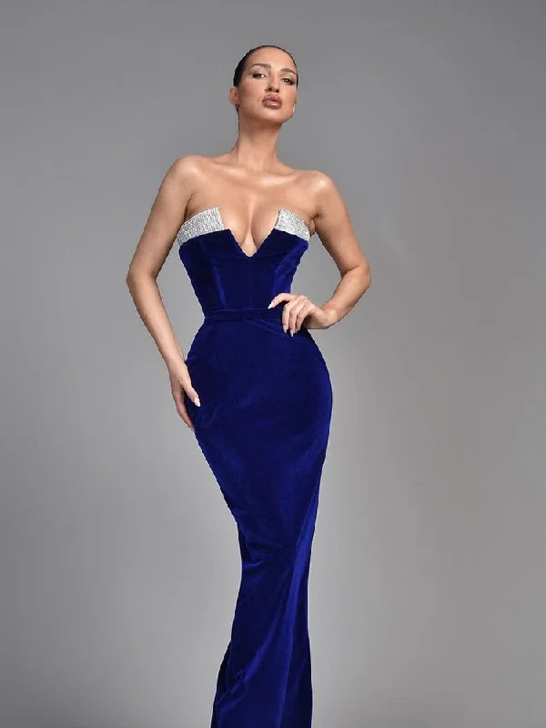 Strapless V Neck Diamond Blue Backless Long Evening Party Dress