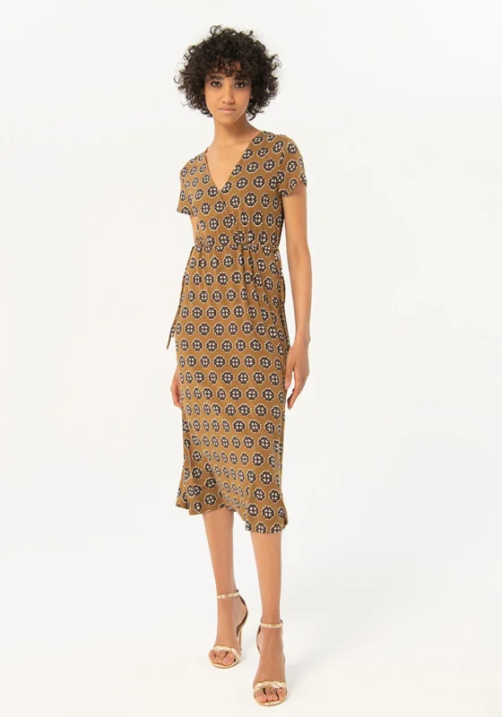 Surkana Wrap V-Neck Printed Midi Dress, Khaki