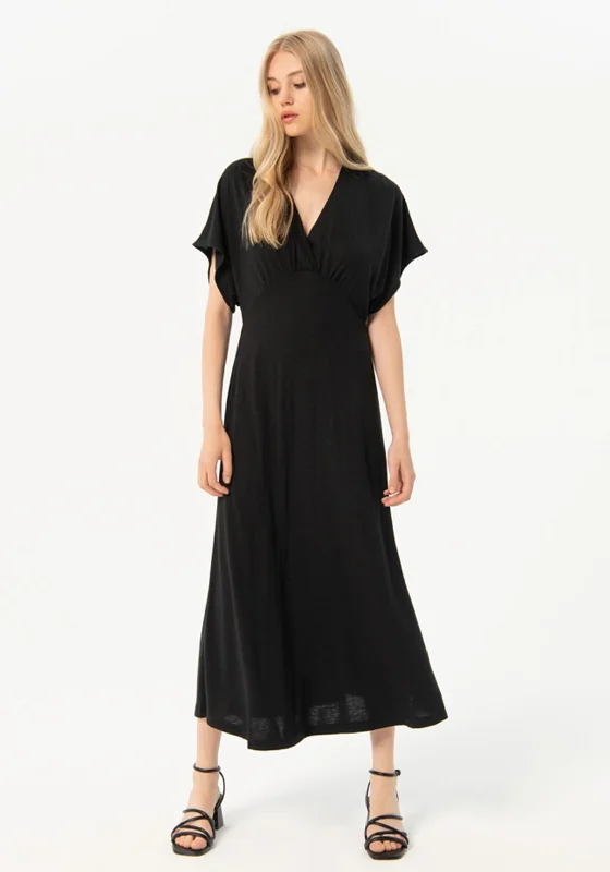 Surkana Bat Wing Sleeves Linen Midi Dress, Black