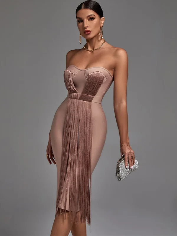 Tassel Bandage Dress Women Strapless Elegant Midi Dress