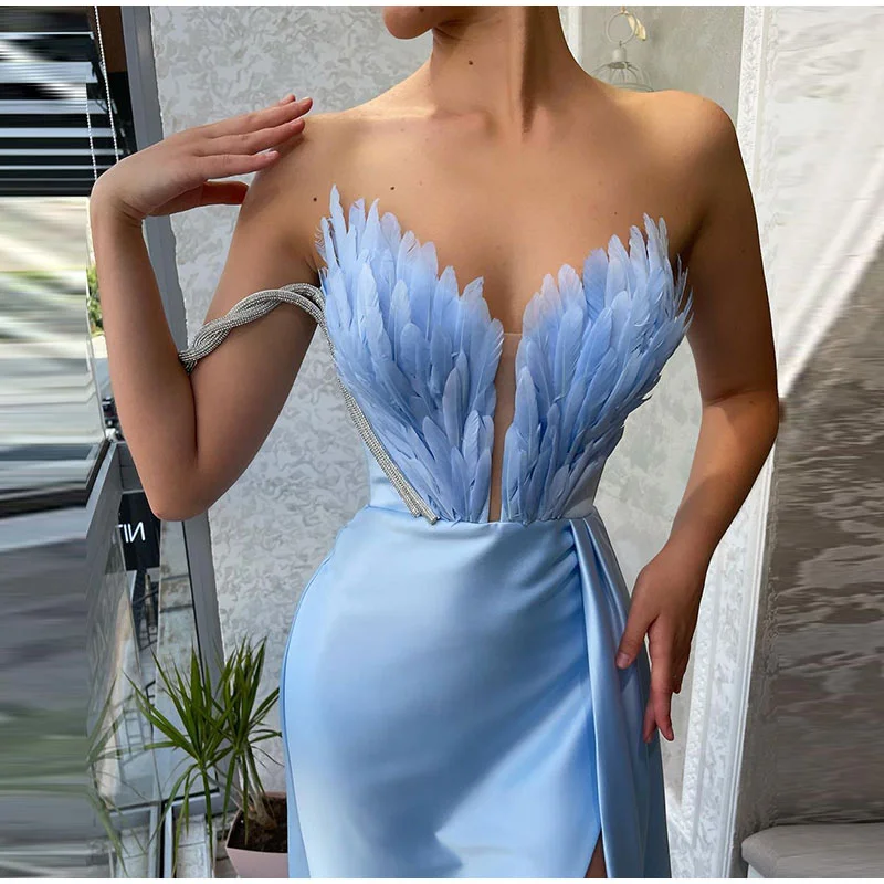 Teresa Off Shoulder Feather Large Hem Slit Maxi Dress