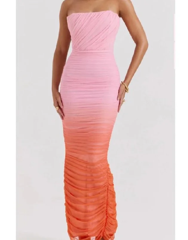 Tie Dye Graident Strapless Backless Mesh Women's Maxi Dress