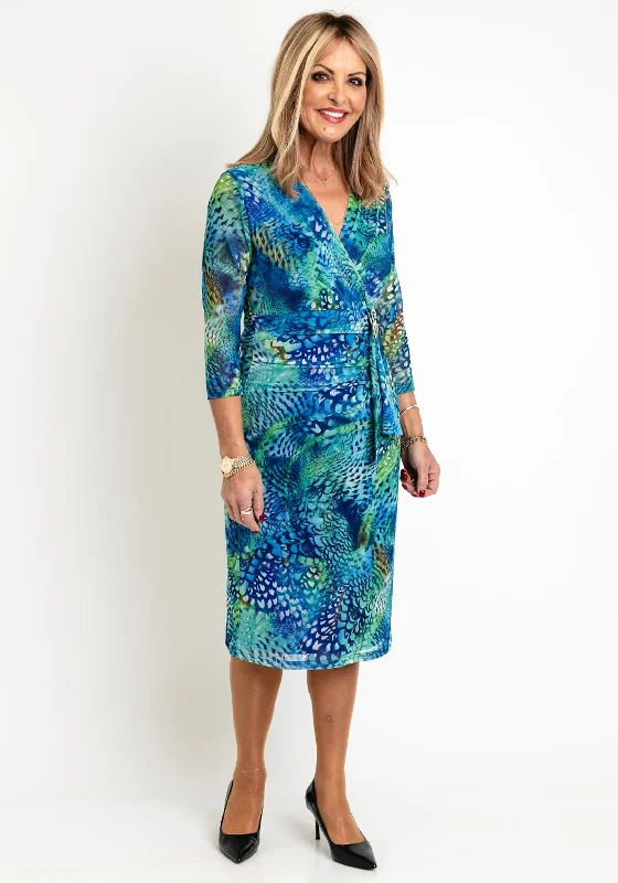 Via Veneto Peacock Inspired Mesh Midi Dress, Green