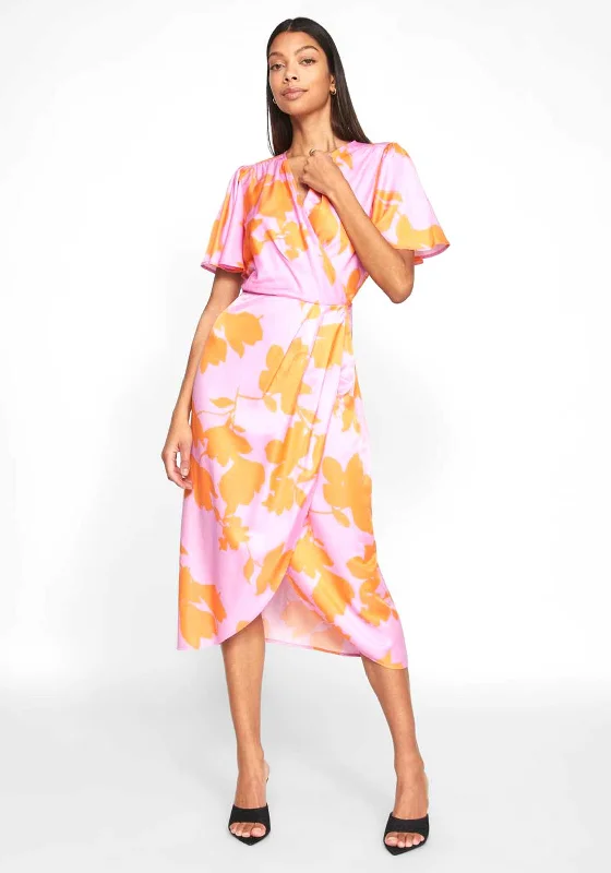 Vila Nakita Floral Midi Wrap Dress, Lilac & Orange