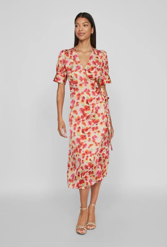 Vila Naria Floral Wrap Midi Dress, Poppy Red