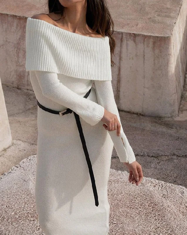 White Knitted Off Shoulder Slash Neck Midi Dress With Belt